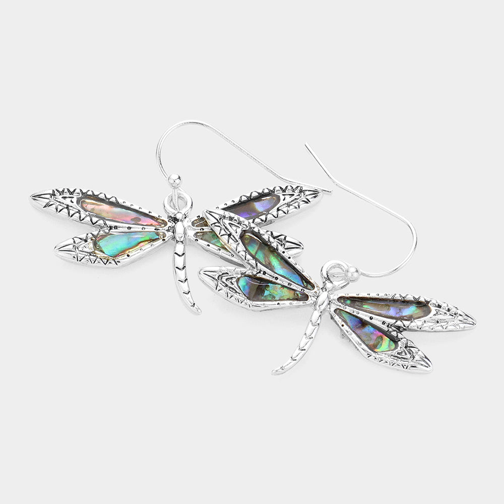 Silver Abalone Dragonfly Dangle Earrings
