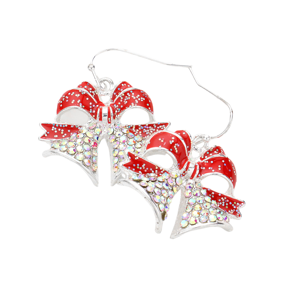 Red Rhinestone Pave Christmas Bow Dangle Earrings