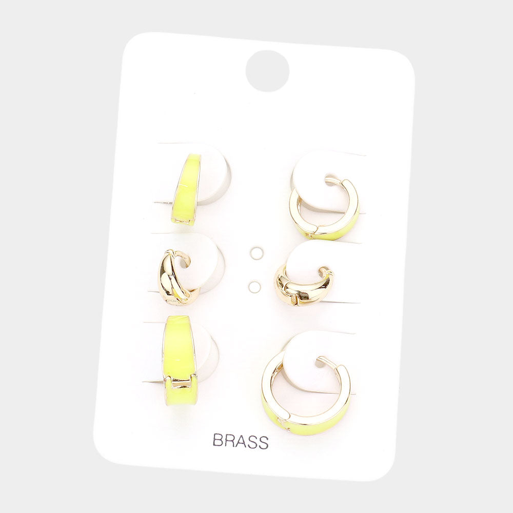 Yellow 3Pairs - Brass Metal Enamel Huggie Hoop Earrings