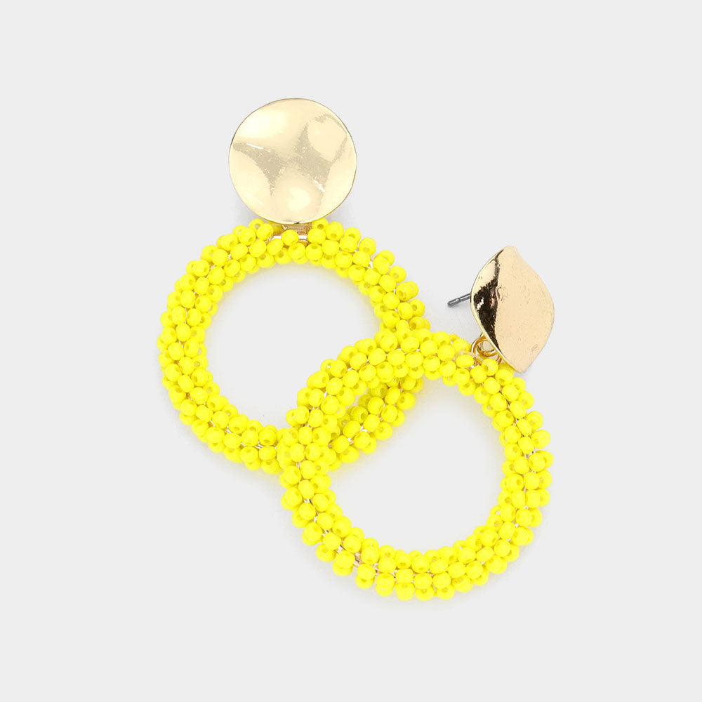 Yellow Seed Bead Open Circle Dangle Earrings