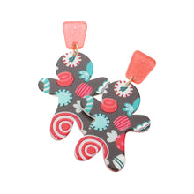 Load image into Gallery viewer, Black Patterned Resin Gingerbread Man Dangle Earrings
