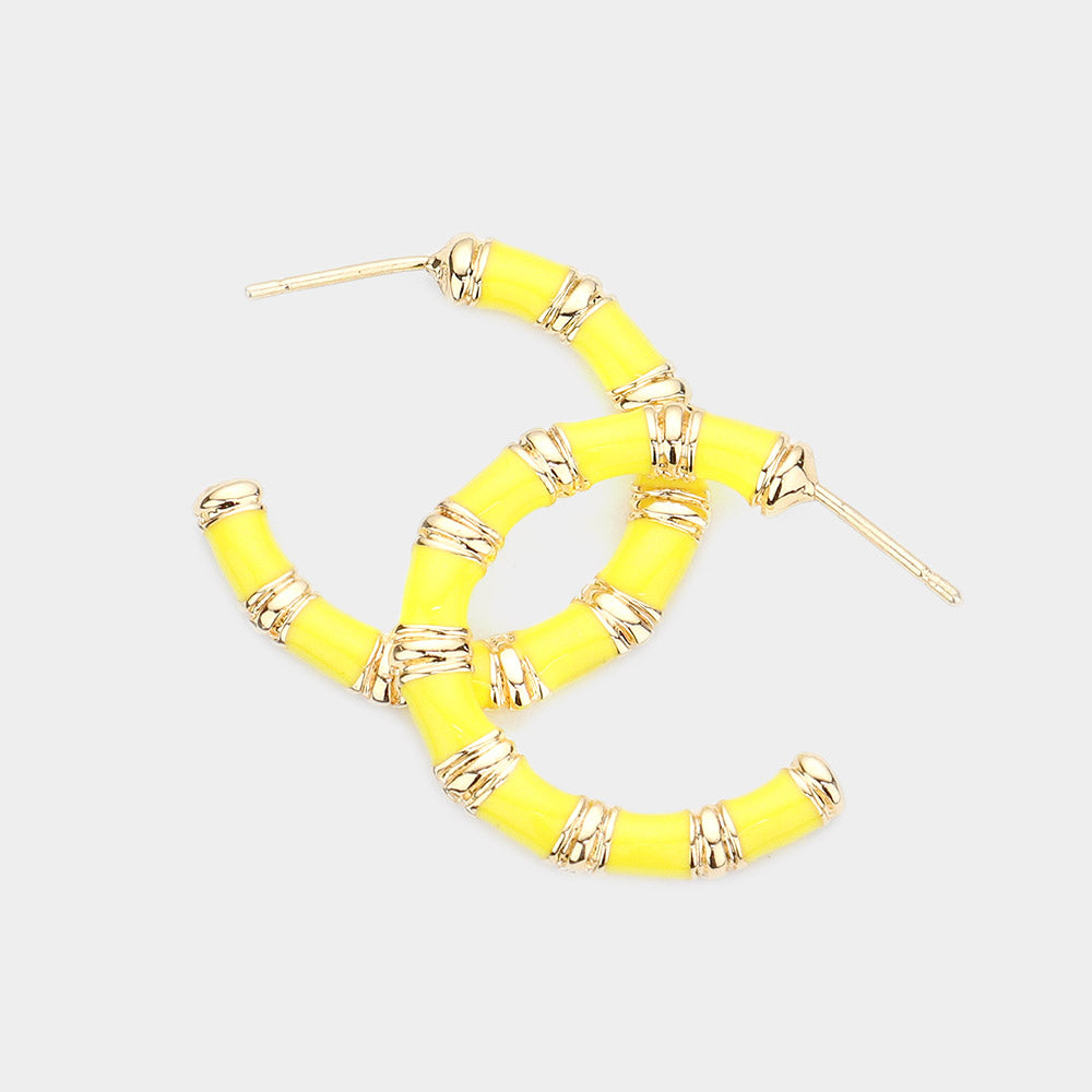 Yellow Enamel Metal Bamboo Hoop Earrings