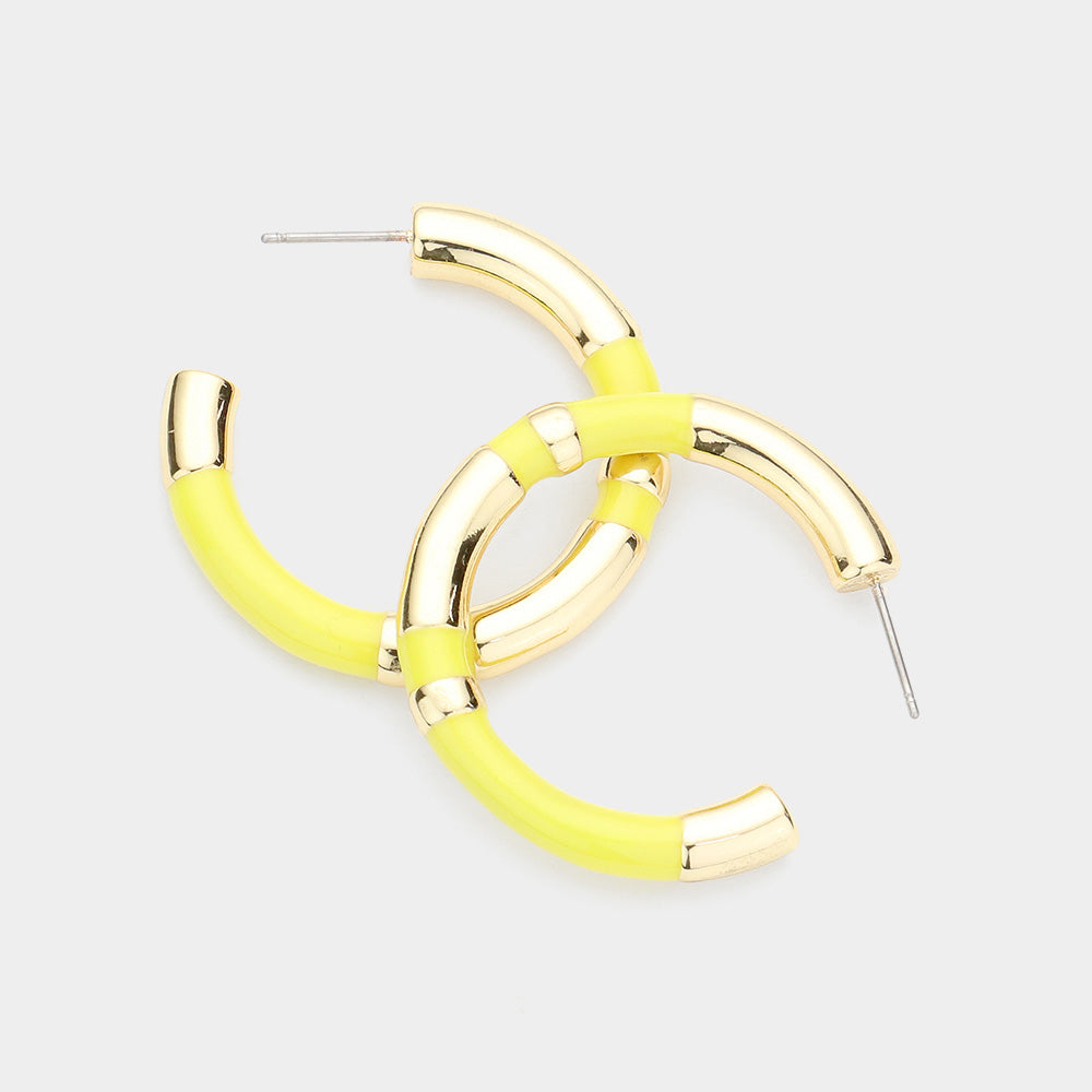 Yellow Enamel Detailed Metal Hoop Earrings