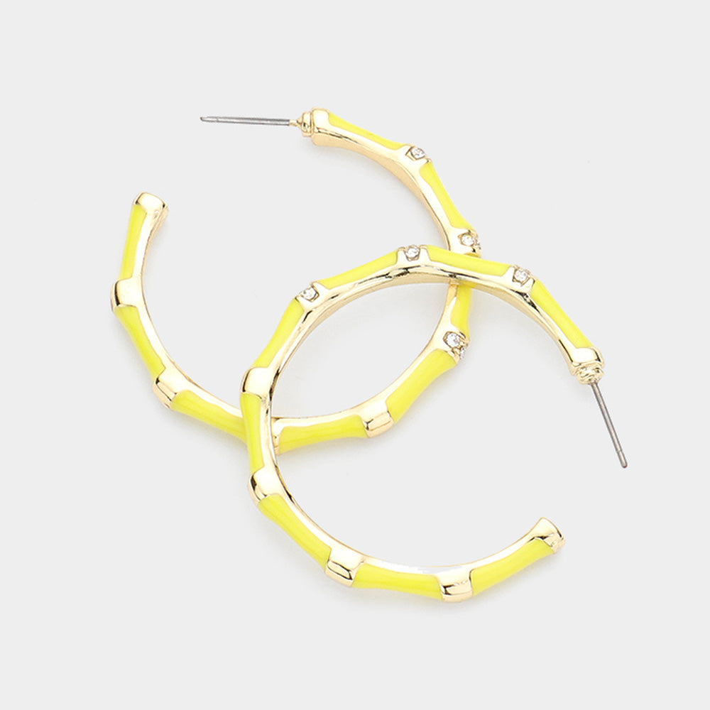 Yellow Rhinestone Embellished Enamel Metal Hoop Earrings