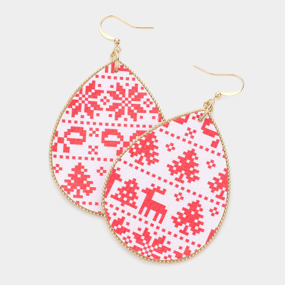 White Christmas Pattern Print Faux Leather Teardrop Earrings