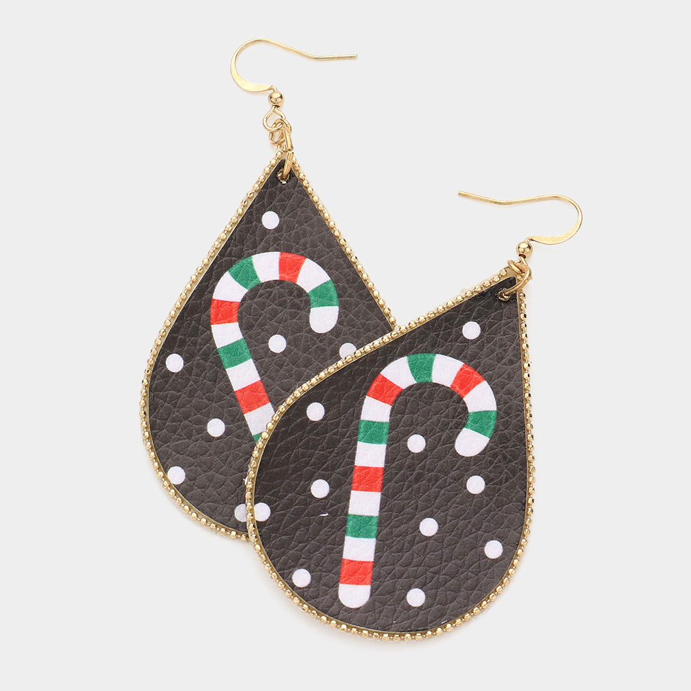 Black Candy Cane Print Faux Leather Teardrop Earrings