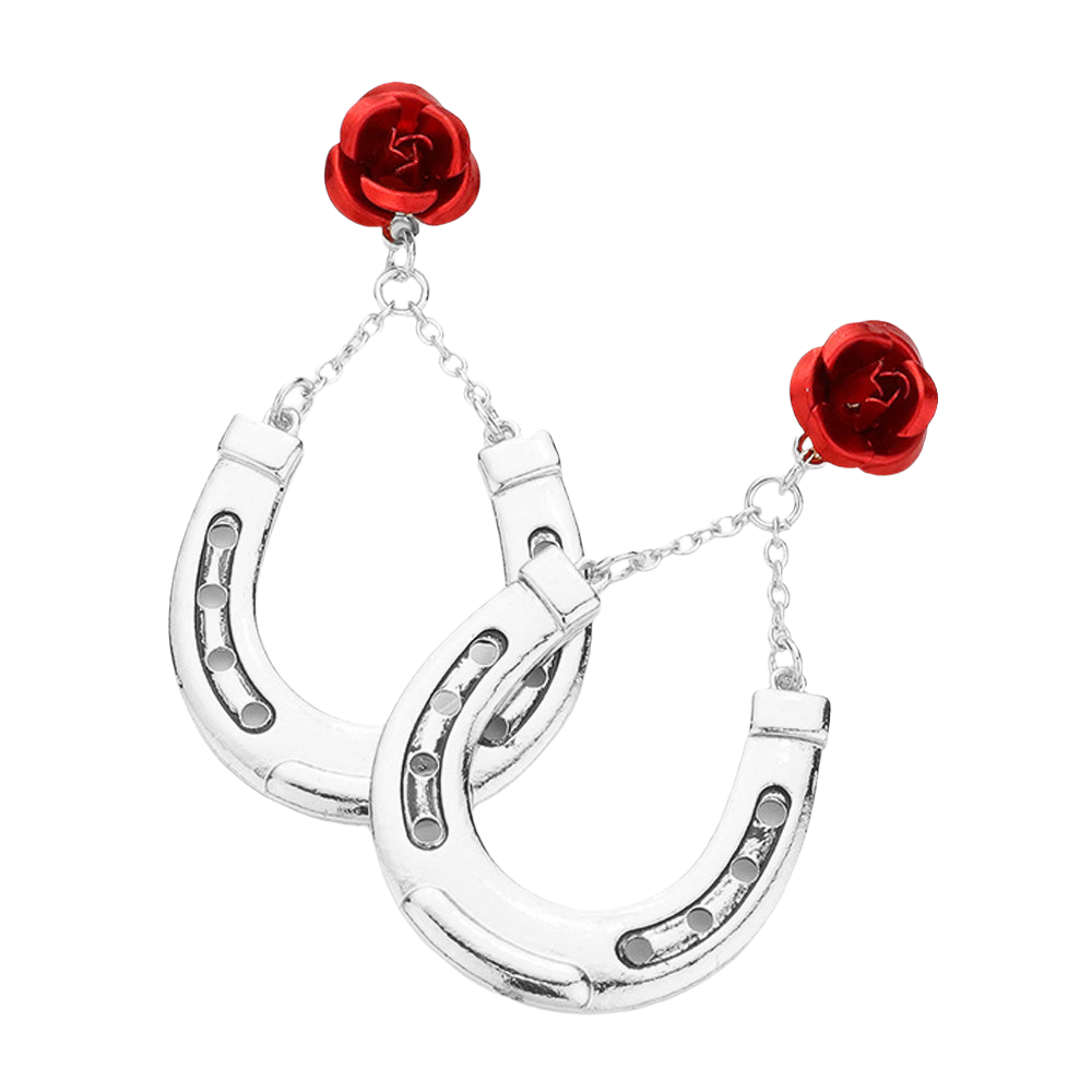 Red Rose Antique Metal Horseshoe Dangle Earrings