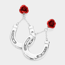 Load image into Gallery viewer, Red Rose Antique Metal Horseshoe Dangle Earrings
