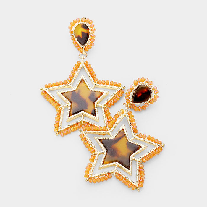 Brown Celluloid Acetate Star Bead Wrapped Dangle Earrings