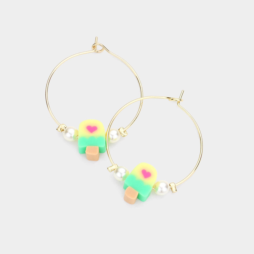 Yellow Pearl Popsicle Accented Metal Hoop Earrings