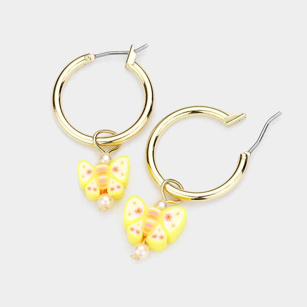 Yellow Pearl Butterfly Dangle Metal Hoop Pin Catch Earrings