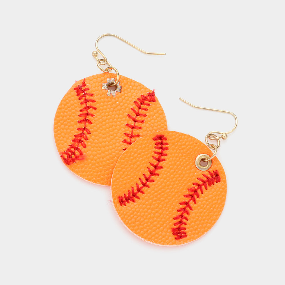 Orange Faux Leather Baseball Dangle Earrings