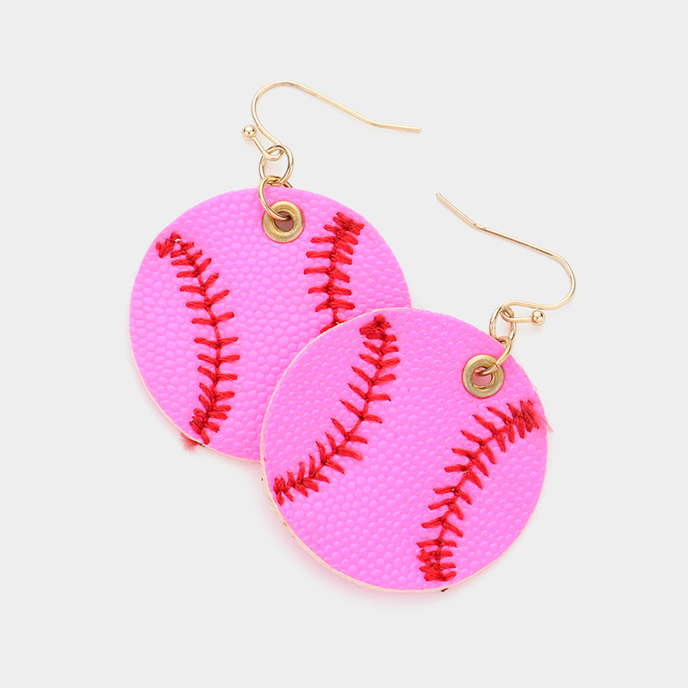 Pink Faux Leather Baseball Dangle Earrings