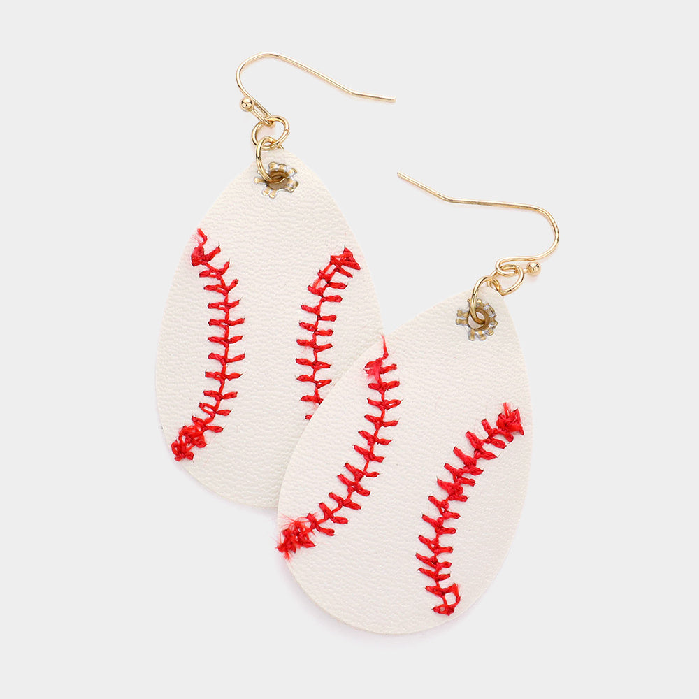 White Faux Leather Teardrop Baseball Dangle Earrings