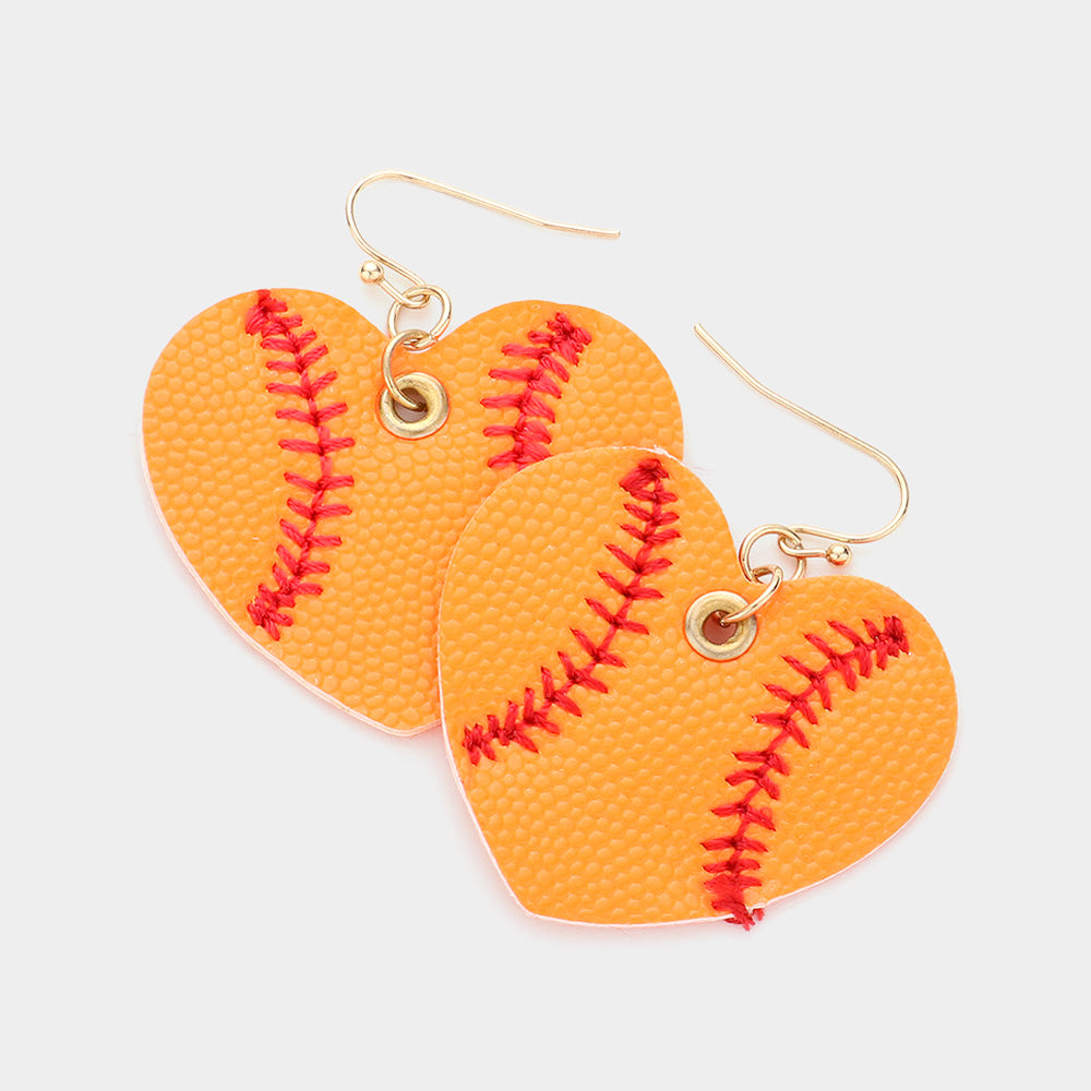 Orange Faux Leather Baseball Heart Dangle Earrings