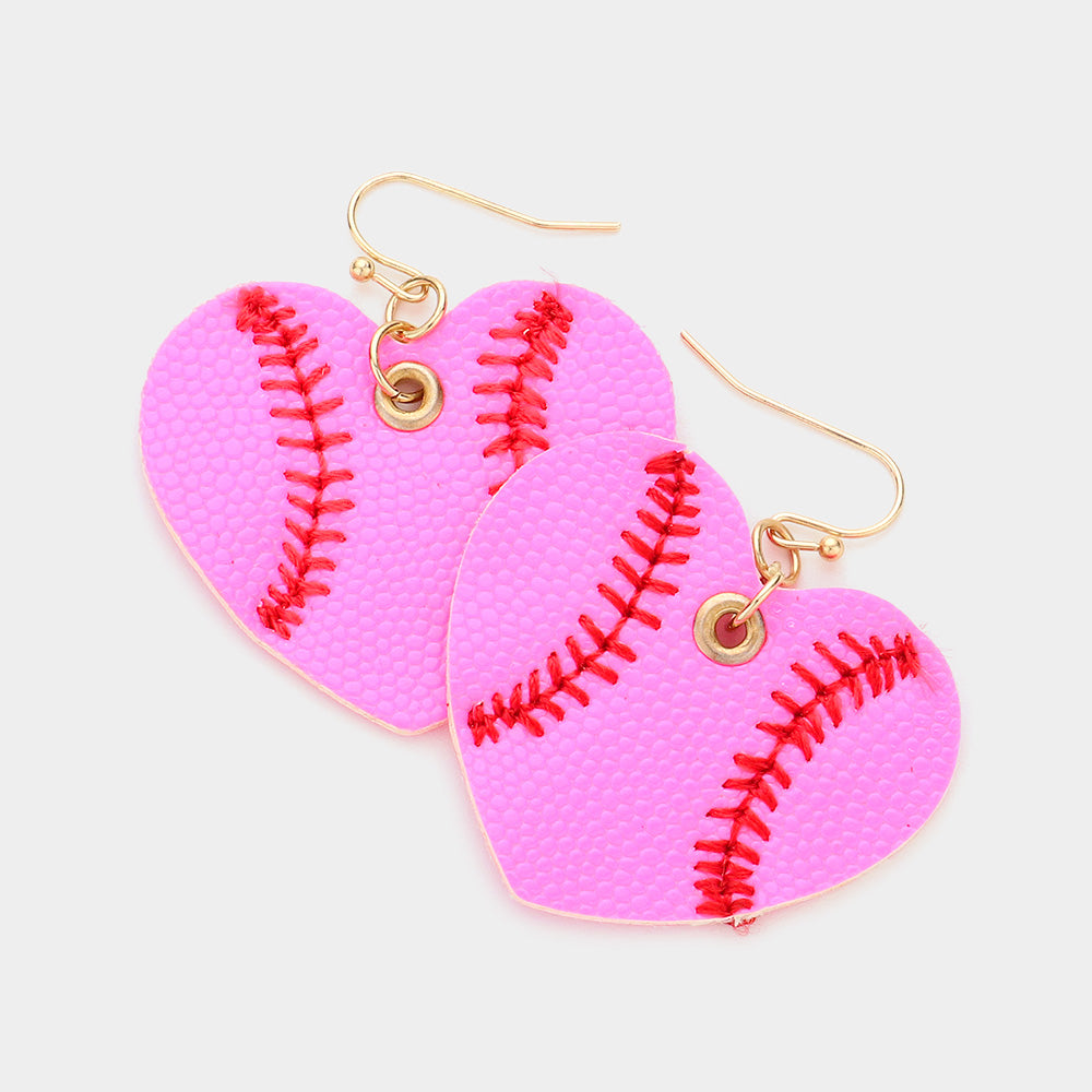 Pink Faux Leather Baseball Heart Dangle Earrings