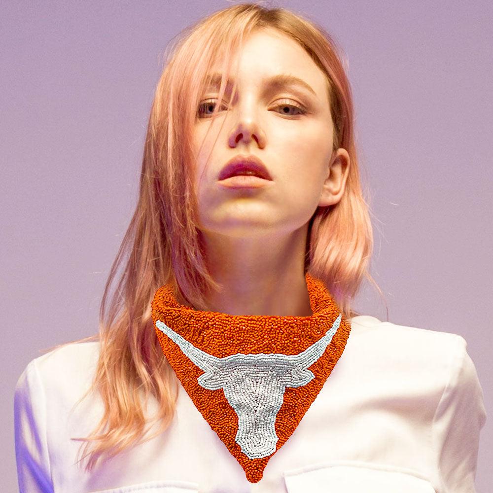 Orange Seed Beaded Steer Head Accented Collar Necklace