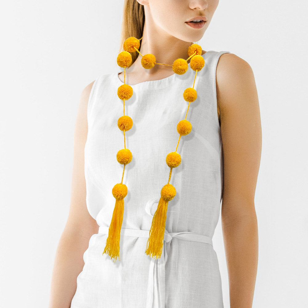 Yellow Pom Pom Station Tassel Long Necklace