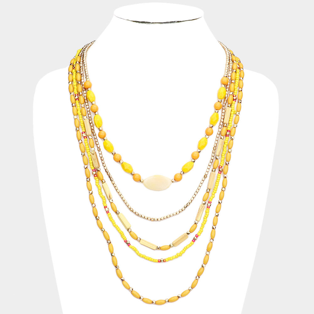 Yellow Wood Seed Beaded Multi Layered Bib Necklace