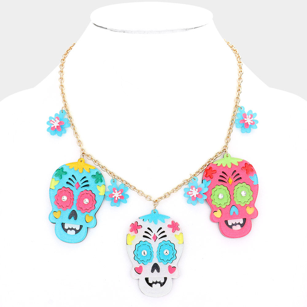 White Flower Skull Head Charm Necklace