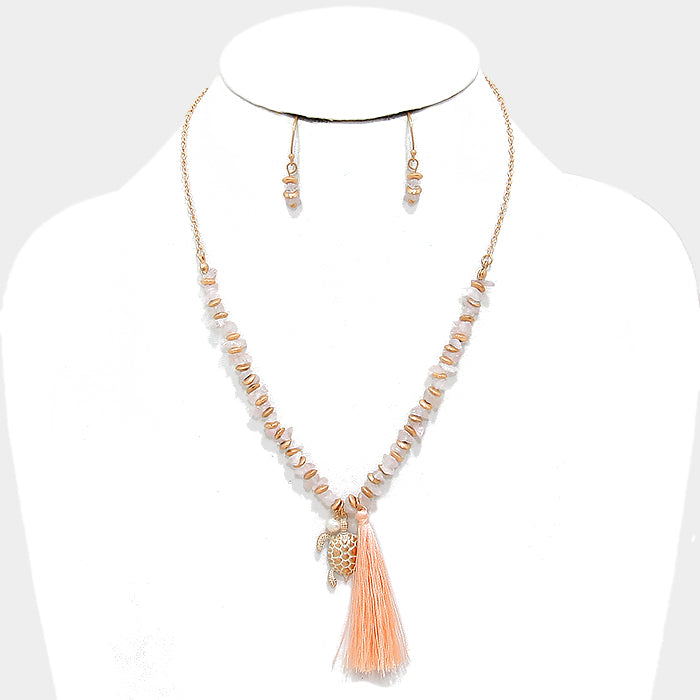 Peach Thread tassel & turtle charm natural stone beaded necklace