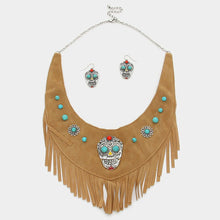 Load image into Gallery viewer, Silver Day of the Dead Mexican Sugar Skull Suede Fringe Bib Necklace
