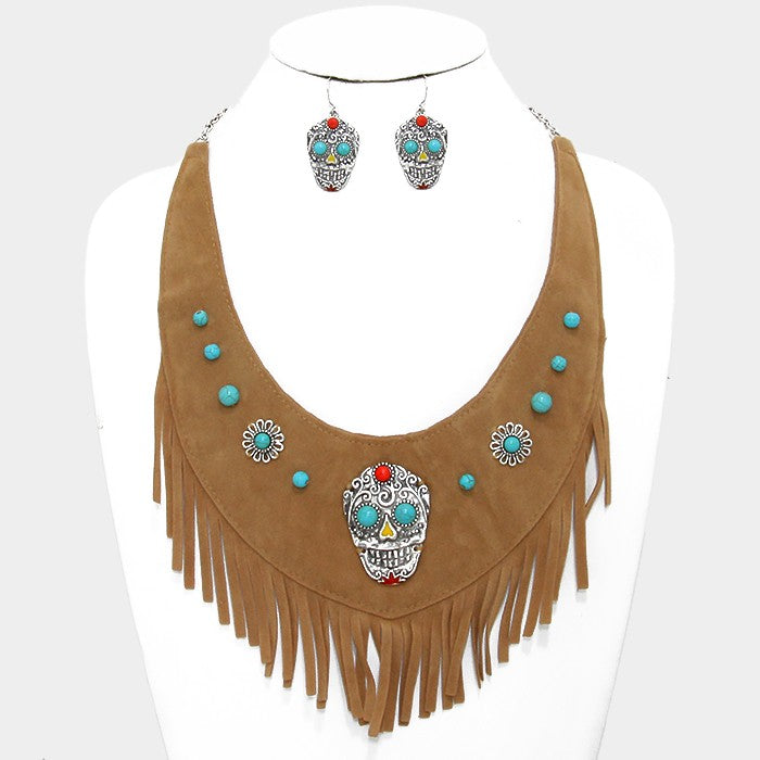 Silver Day of the Dead Mexican Sugar Skull Suede Fringe Bib Necklace
