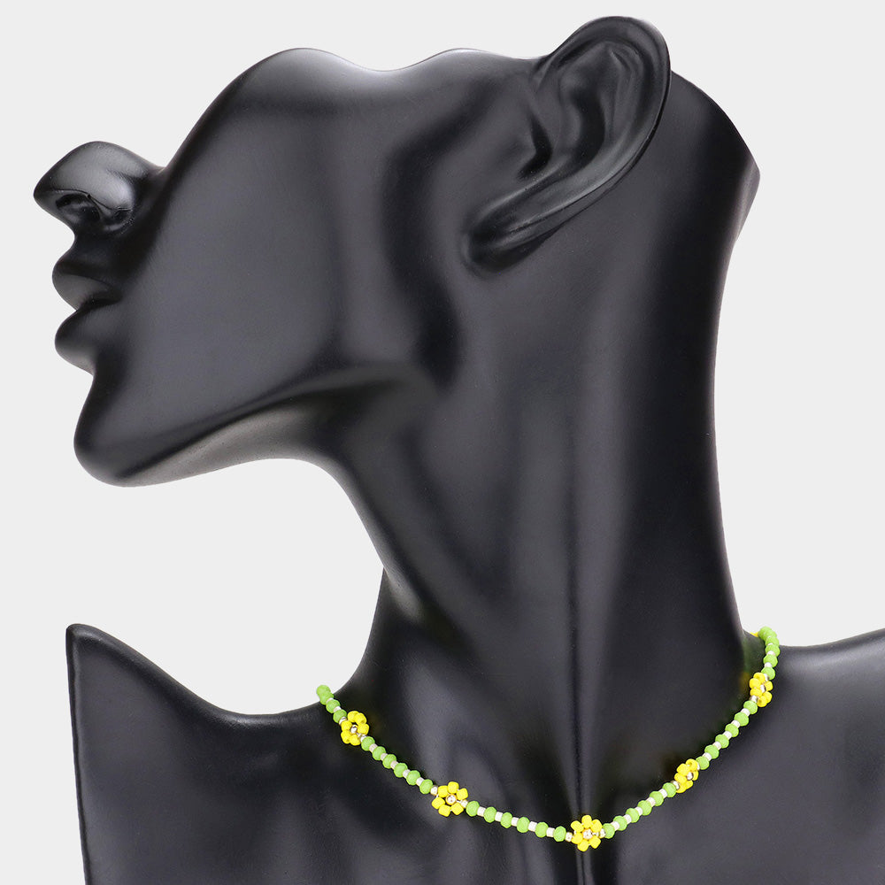 Yellow Beaded Flower Station Choker Necklace