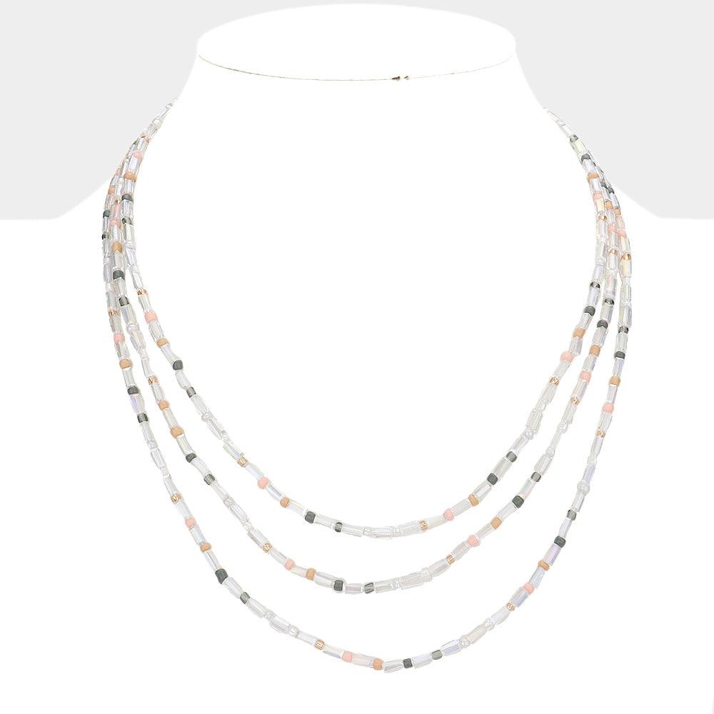 Rectangle Lucite Colorful Seed Beaded Triple Layered Bib Necklace