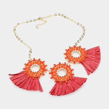 Load image into Gallery viewer, Red Oval Stone Cluster Hoop Raffia Fringe Statement Bib Necklace
