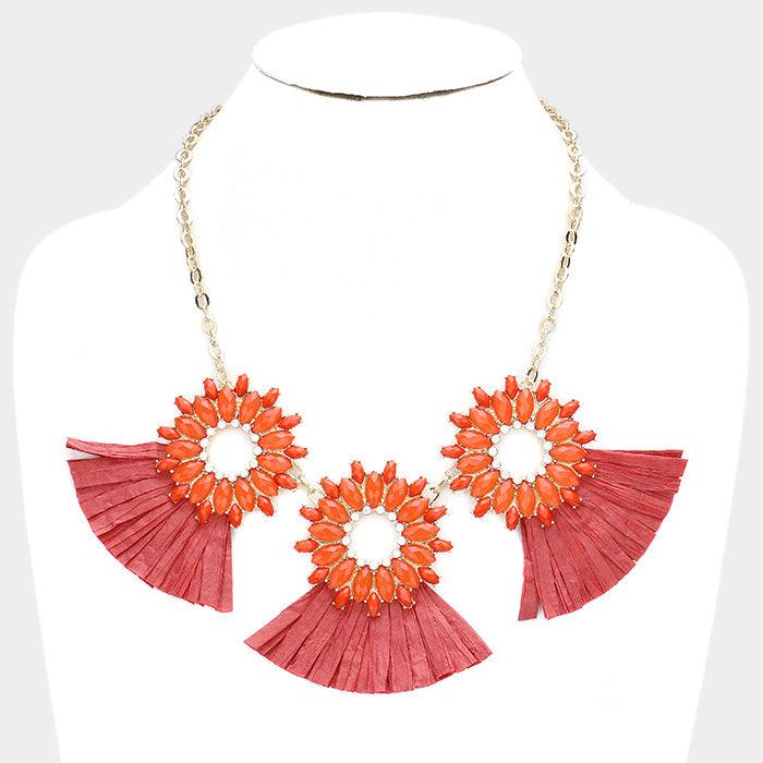 Red Oval Stone Cluster Hoop Raffia Fringe Statement Bib Necklace