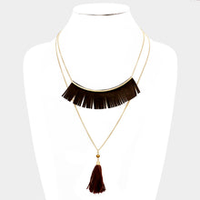 Load image into Gallery viewer, Gold Double layer faux suede fringe bar &amp; thread tassel pendant necklace
