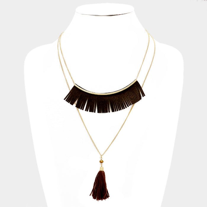 Gold Double layer faux suede fringe bar & thread tassel pendant necklace