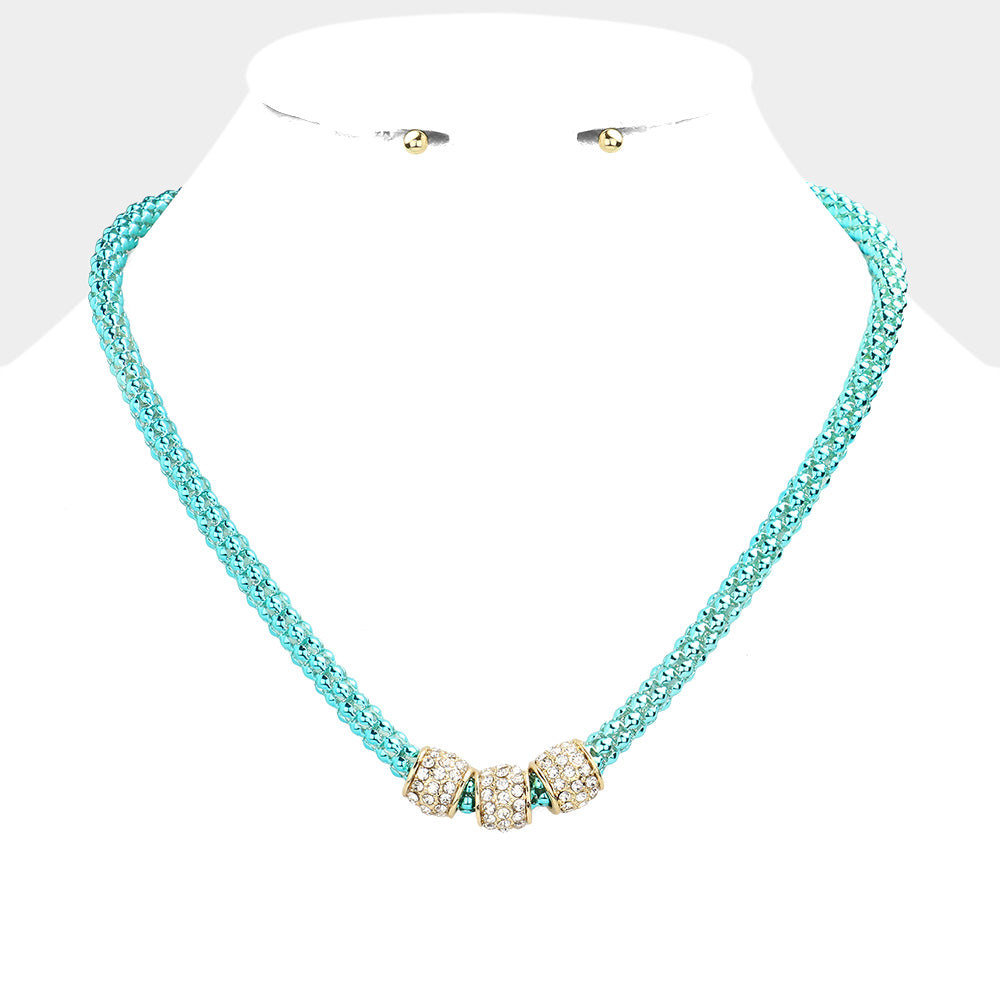 Turquoise Rhinestone Embellished Triple Ring Accented Necklace