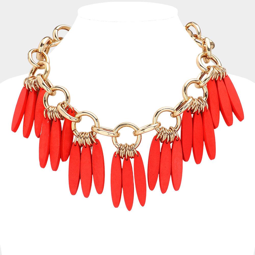 Red Boho Wood Bib Necklace