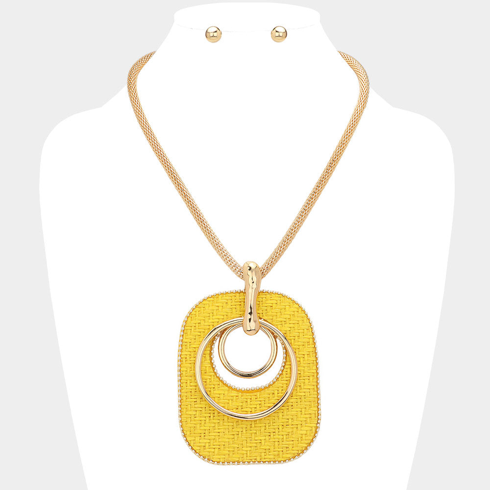 Yellow Raffia Weave Resin Back Abstract Pendant Statement Necklace