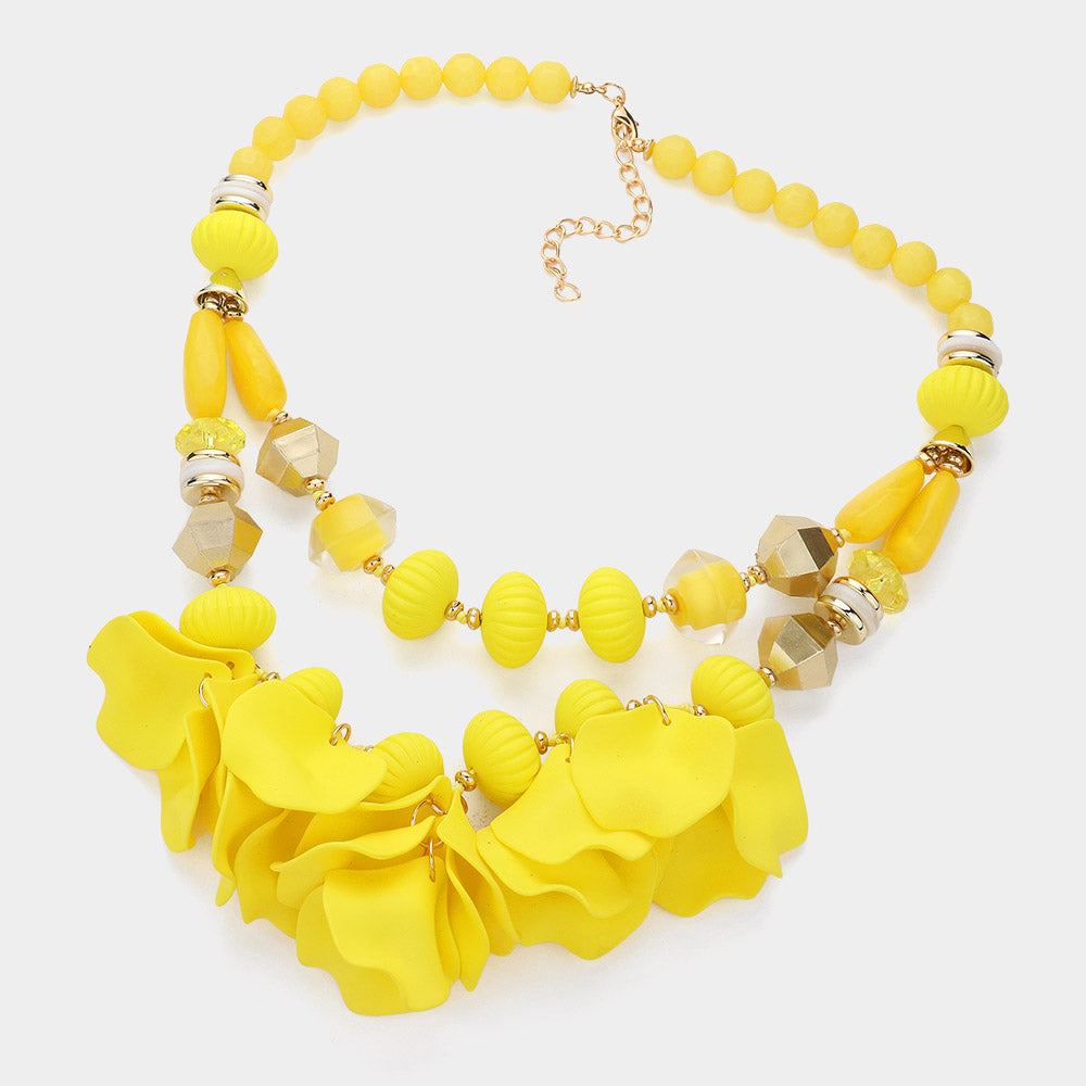 Yellow Matte Flower Petal Embellished Statement Necklace