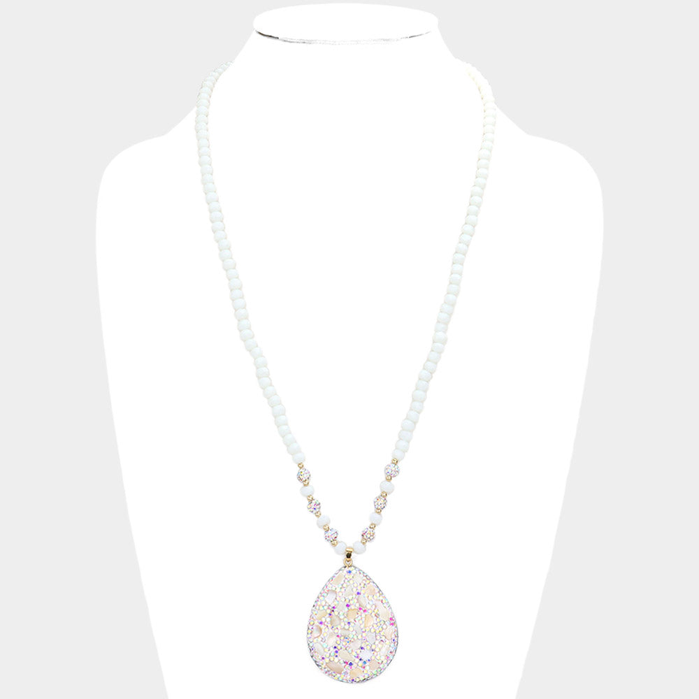 White Faux Leather Back Natural Stone Rhinestone Embellished Pendant Necklace