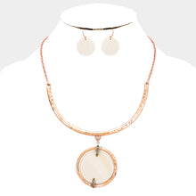 Load image into Gallery viewer, Rose Gold Wire Wrapped Mother of Pearl Disc Metal Hoop Necklace
