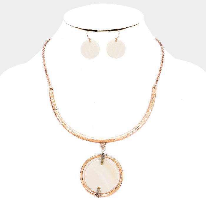 Rose Gold Wire Wrapped Mother of Pearl Disc Metal Hoop Necklace