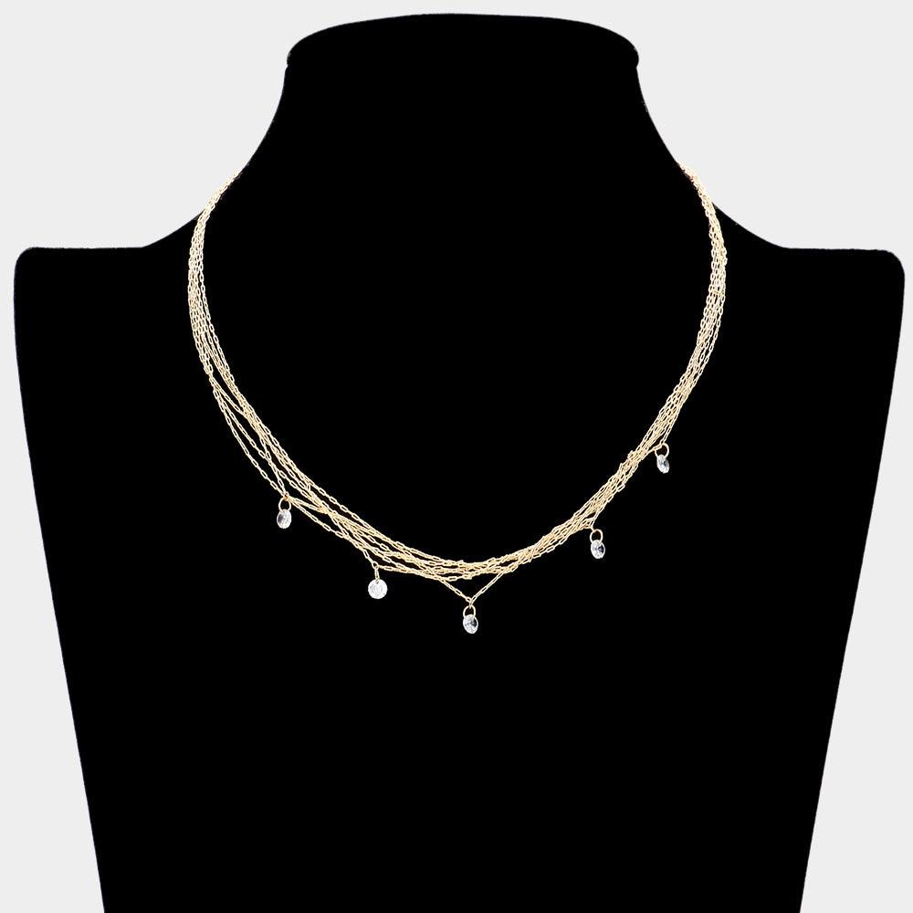 Gold Clear Stone Charm Multi Layered Necklace