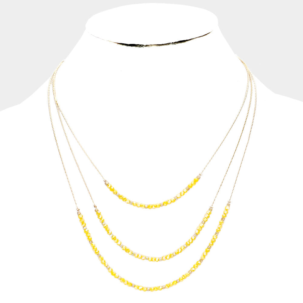 Yellow Faceted Beaded Triple Layered Bib Necklace