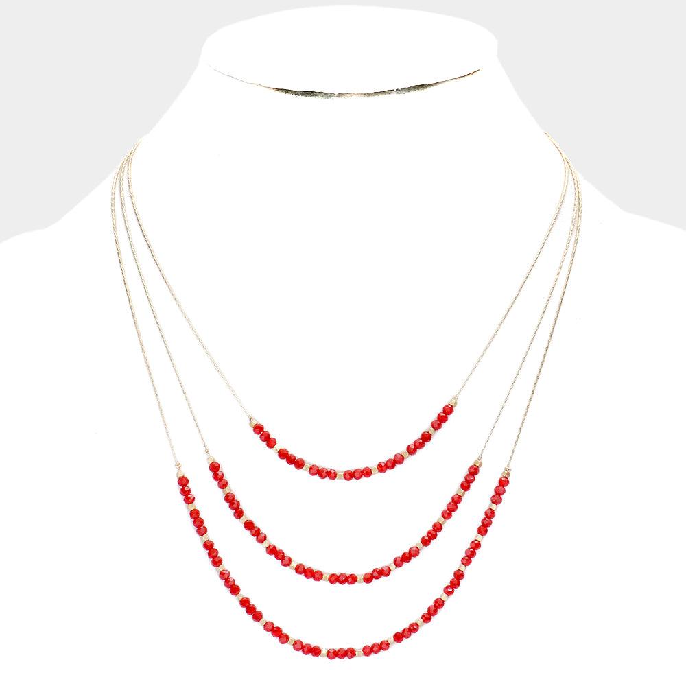 Red Faceted Beaded Triple Layered Bib Necklace