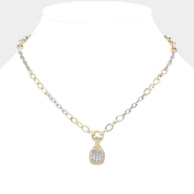 Load image into Gallery viewer, Gold 14K Gold Plated Two Tone CZ Stone Paved Square Pendant Necklace
