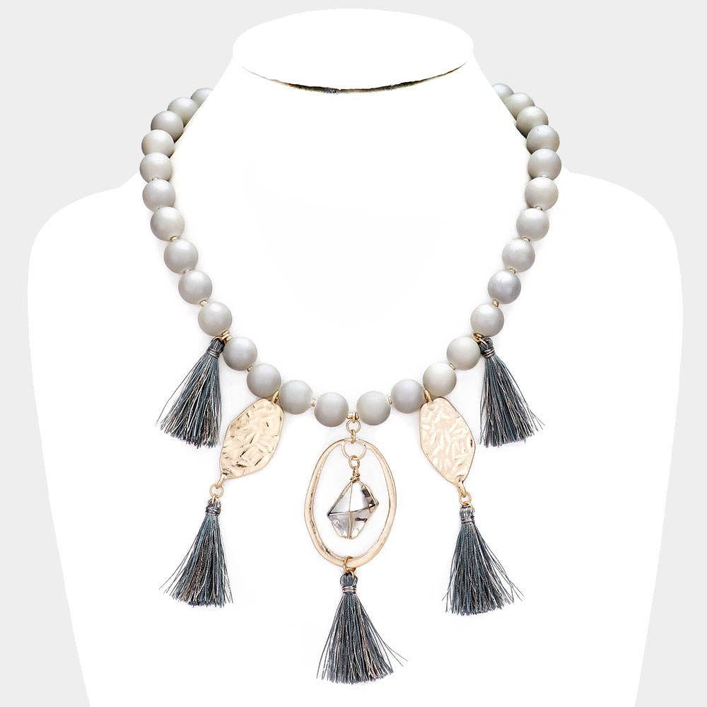 Gray Beaded Abstract Metal Tassel Necklace