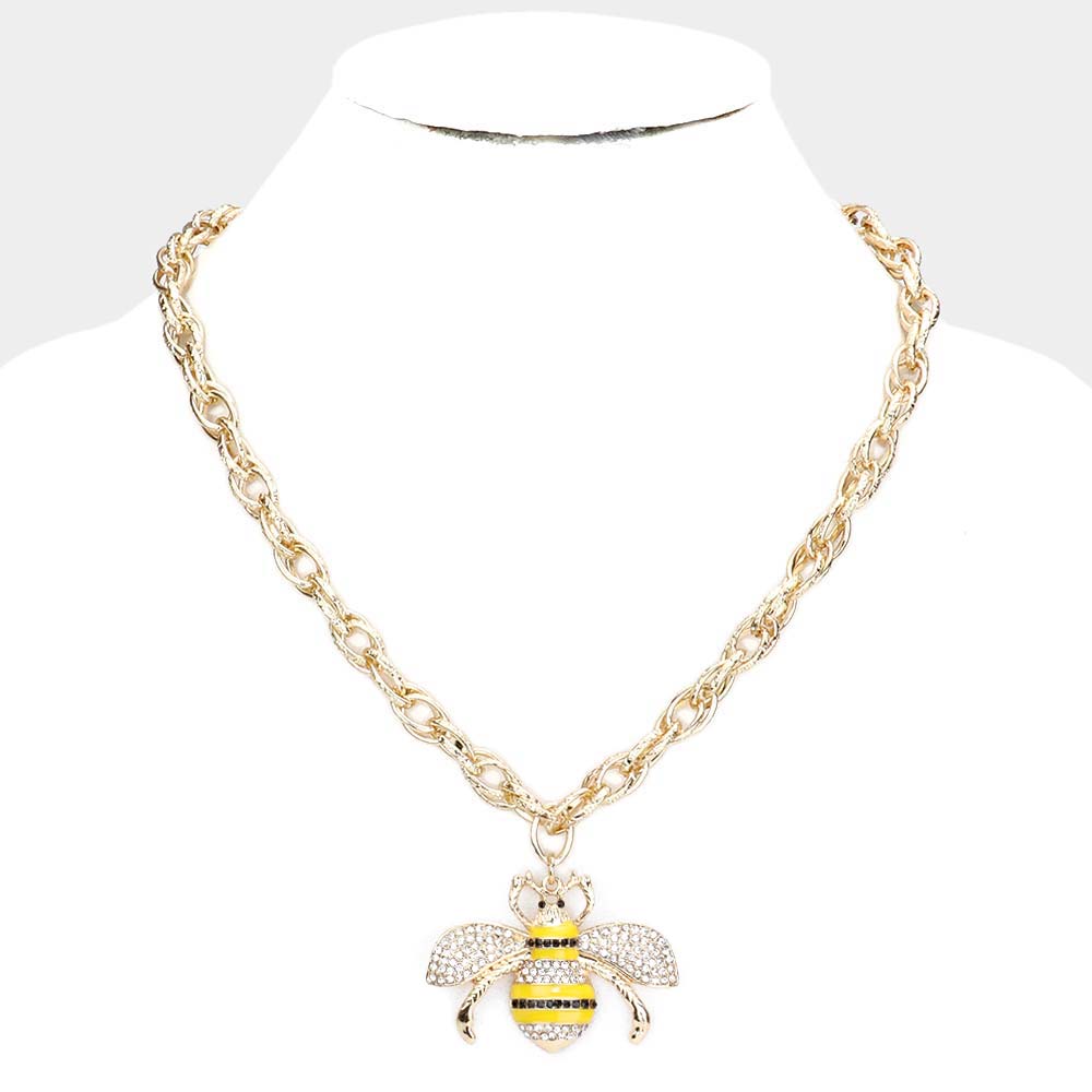 Yellow Rhinestone Embellished Honey Bee Pendant Necklace