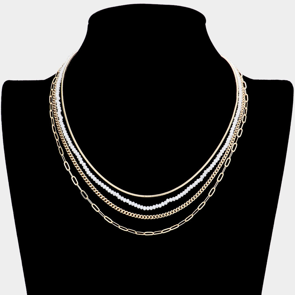 White Open Oval Link Metal Chain Faceted Beaded Multi Layered Necklace