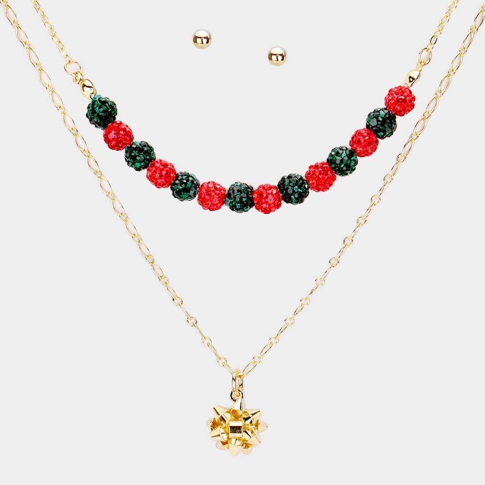 Red Shamballa Ball Christmas Gift Bow Pendant Necklace