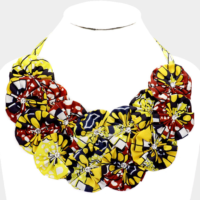 Yellow Crystal Centered Fabric Round Cluster Collar Necklace