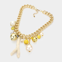 Load image into Gallery viewer, Yellow Natural Stone Metal Ball Pearl Coral Link Statement Necklace
